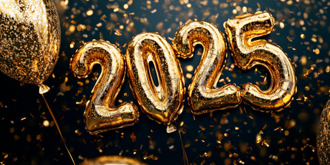 hay new year . 2025 written with golden foil balloon numbers on a black background, confetti and glitter in the air, with copy space for text or a logo