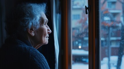 Elderly Woman Looking Out Window at Snowy Day