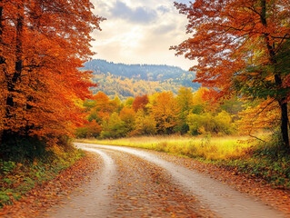 Fototapeta premium Autumn landscape featuring fall foliage in Burnt Orange, Olive Green, and Rust Red. Earthy tones and seasonal colors for outdoor scenes, showcasing nature, vibrant autumn leaves, and rustic scenery.
