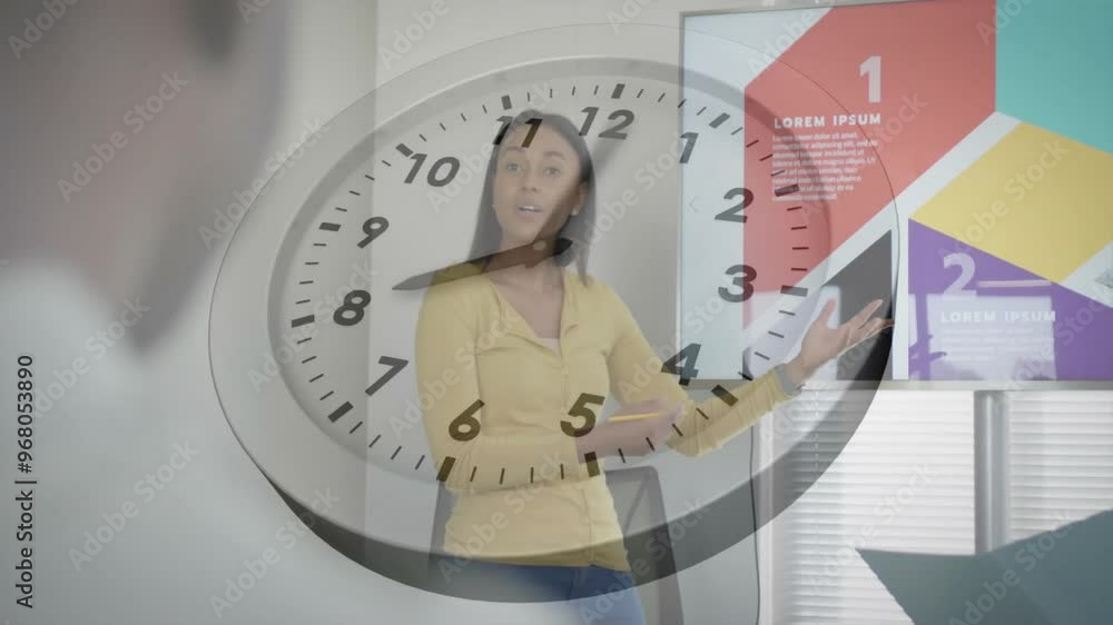 Sticker Animation of clock moving over diverse colleagues discussing work in office