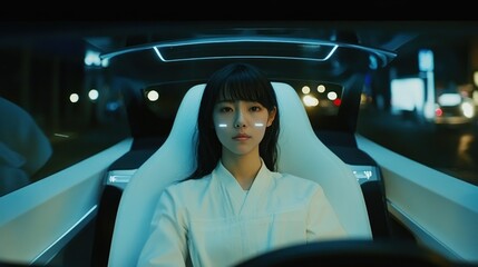 Young Woman Driving in a Futuristic Car at Night