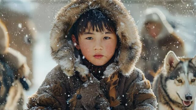 A young yakut boy dressed in winter clothing sits in the snow, surrounded by sled dogs and other individuals, all immersed in a peaceful winter atmosphere.