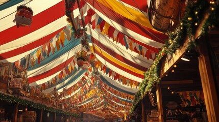 Obraz premium Festive Decorated Market Stall with Colorful Flags and Lights