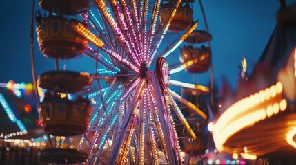 A Close-Up of a Ferris Wheel with Colorful Lights at Night