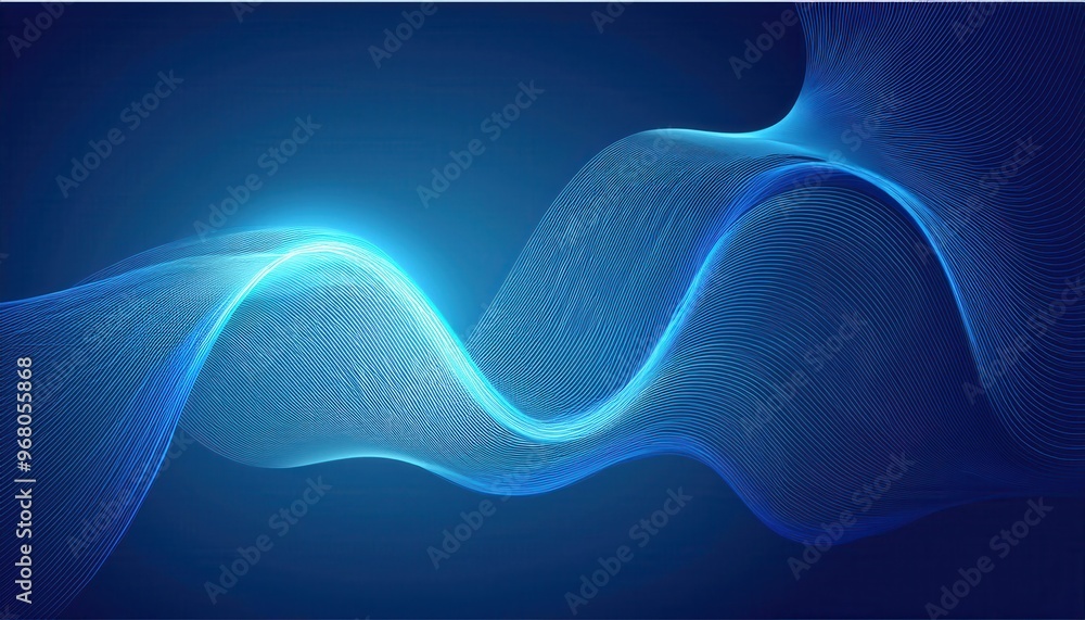 Poster abstract digital waveform. glowing blue light strands on a dark background, symbolizing data flow, t