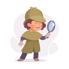 Inspecting Detective Girl Character with Magnifier Investigating Case Vector Illustration