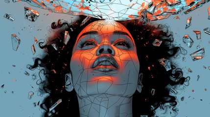 Graphic illustration of an African American woman breaking through the glass ceiling / concept of equality, women's rights, black empowerment / line art	
