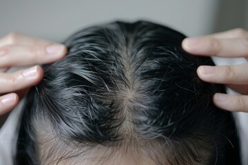Naklejka premium Stressed Asian Woman Having Problem with Hair Loss, Thinning Hair, Gray Hair and Scalp.