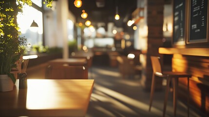 Blurry image of a modern, cozy café interior with warm lighting and wooden furniture, creating an inviting atmosphere ideal for background use.