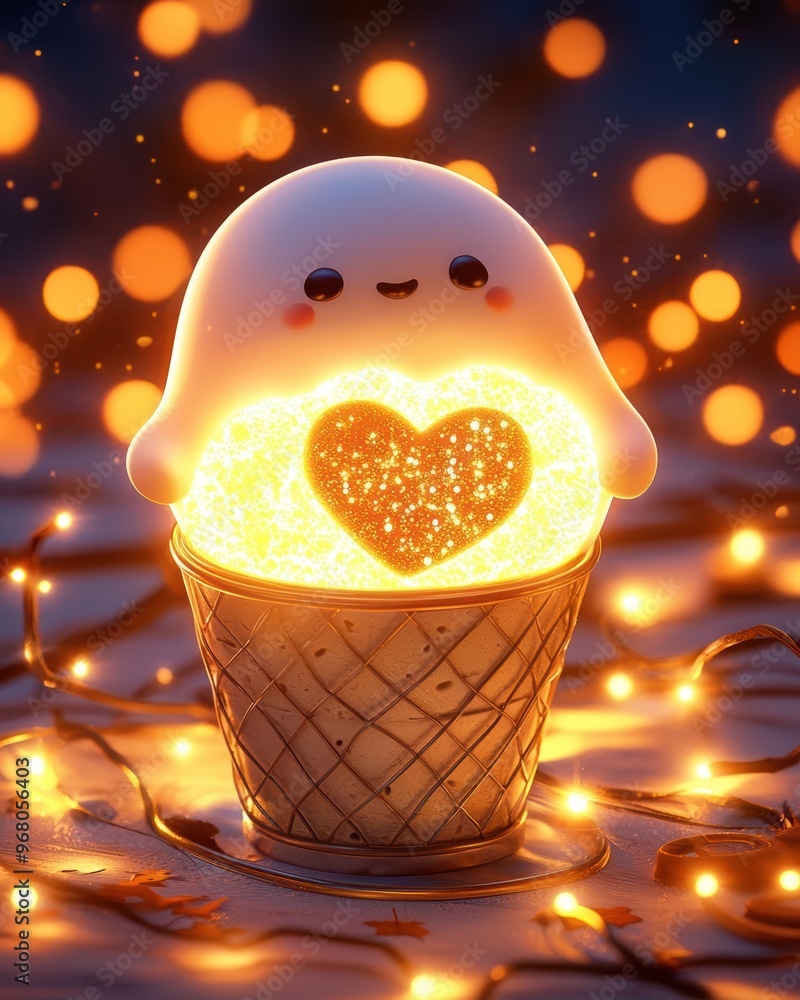 Poster a whimsical ghost character in an ice cream cone radiates warmth and joy, surrounded by glowing ligh