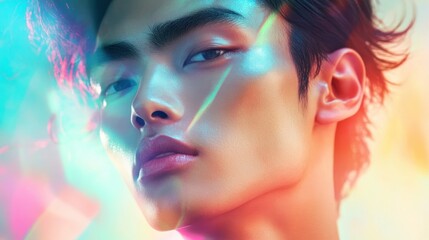 Obraz premium Close-up Portrait of a Young Man with Colorful Lighting