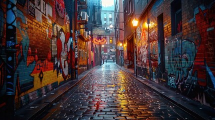 Fototapeta premium Wet street with graffiti on it and a light