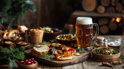 Fototapeta premium Rustic Table Setting with Beer, Appetizers, and Salad