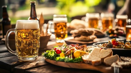 Fototapeta premium A Mug of Beer, Bread, and Grilled Meats on a Wooden Table