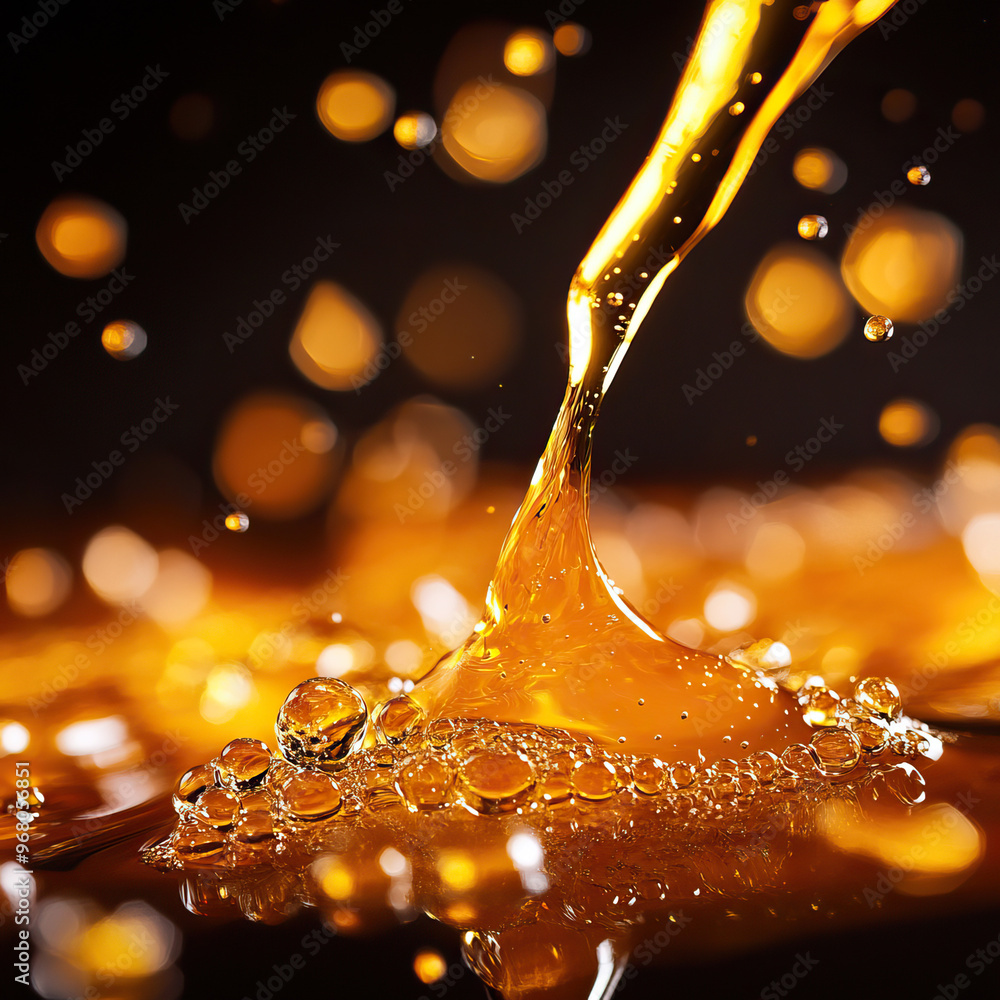 Aufkleber a captivating close-up of golden liquid flowing gracefully with bubbles, creating a mesmerizing patt