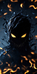 A dark, haunting figure emerges from swirling shadows, illuminated by fiery eyes and surrounded by ghostly flames.