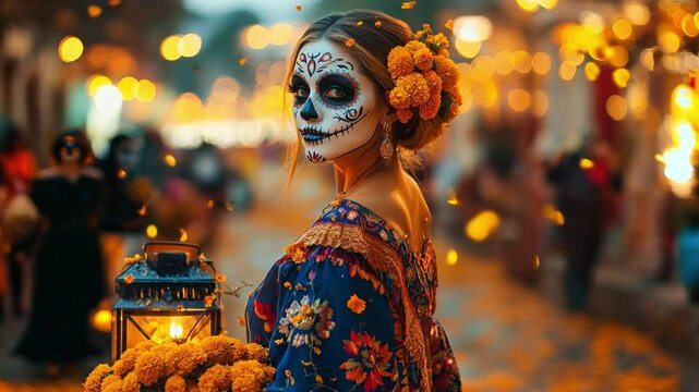 Woman adorned with traditional makeup holds flowers and lantern while surrounded by colorful decorations during cultural celebration