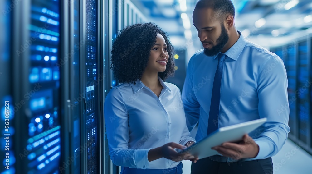 Aufkleber two professionals discuss data management in a server room during the day, highlighting teamwork and