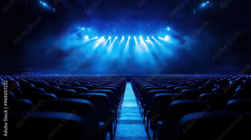 Poster a dramatic view of an empty theater stage illuminated by blue lights, creating an anticipation for a