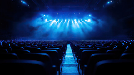 Fototapeta premium A dramatic view of an empty theater stage illuminated by blue lights, creating an anticipation for an exciting performance.