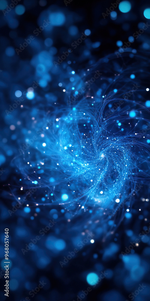 Poster a mesmerizing blue abstract swirl filled with sparkling particles, perfect for backgrounds and digit