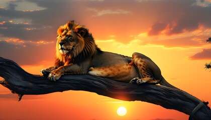 Majestic lion lounging on tree branch against a stunning savannah sunset, highlighting African...