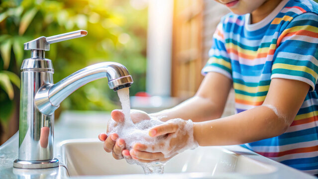 Washing hands is an essential practice for children, promoting hygiene and health. This image captures child joyfully lathering soap while washing hands at sink, surrounded by greenery