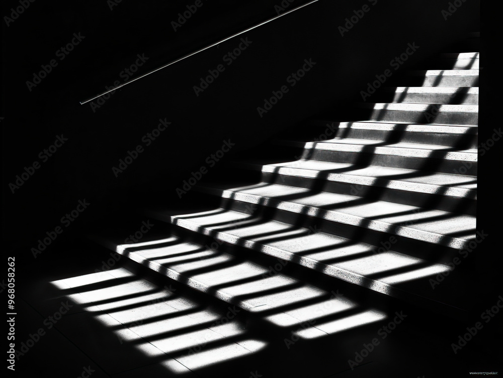 Poster a striking black and white image of stairs, featuring dramatic shadows and light patterns that creat