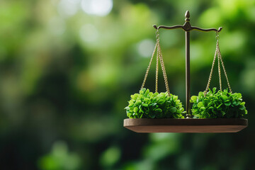 A symbolic representation of balance with a scale featuring greenery, highlighting harmony in nature and sustainability.