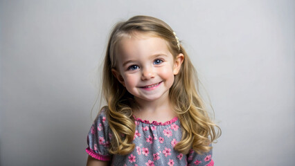 A cheerful girl aged 4 to 5 years old is posing in studio, showcasing her lovely smile and wavy hair. Her playful expression adds delightful charm to image