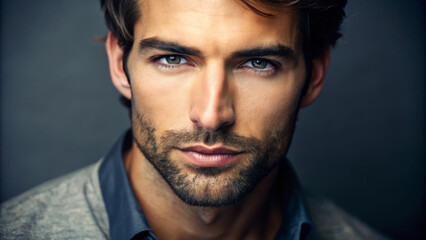 Fototapeta premium Handsome man with striking blue eyes and confident expression, showcasing close up portrait that highlights his facial features and stylish attire