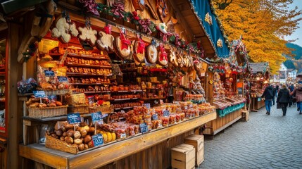 Festive Christmas Market Stall with Baked Goods and Festive Decorations