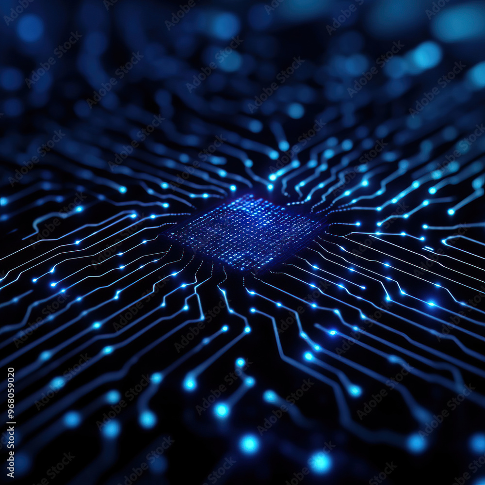Poster close-up of a microchip surrounded by glowing blue circuits, representing advanced technology and di