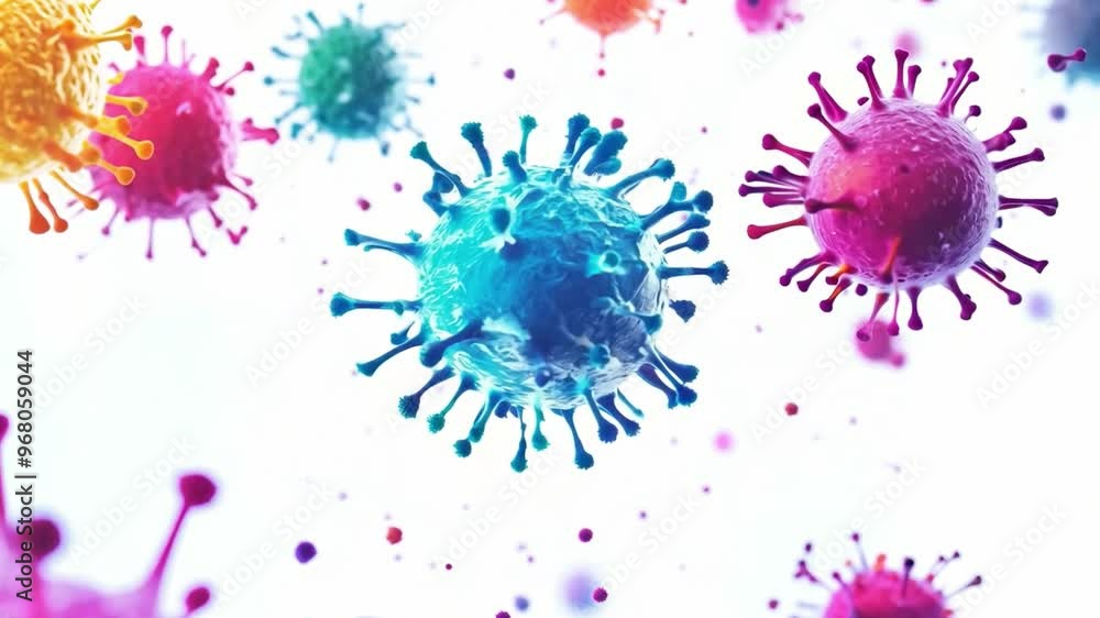 Poster a vivid representation of various viruses showcasing unique shapes and colors against a bright backd
