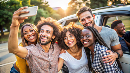 Friends enjoying joyful moment while taking selfie near car, capturing their happiness and connection. diverse group showcases friendship and fun