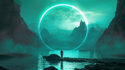 A lone figure stands on the edge of a futuristic world