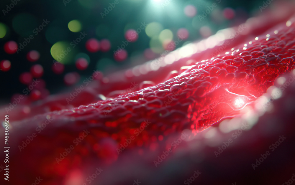 Aufkleber close-up view of vibrant red organic texture, showcasing intricate details and luminous particles cr
