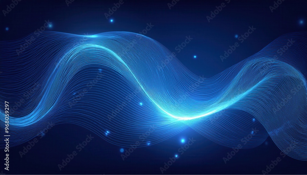 Poster abstract digital waveform. glowing blue light strands on a dark background, symbolizing data flow, t