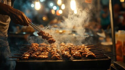 Fototapeta premium Evening street vendor grilling skewers at a vibrant night market in a bustling city atmosphere