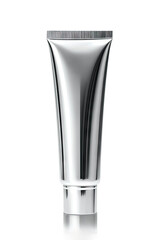 A silver tube of lotion or cream with a white cap.