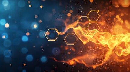 Vibrant abstract background with orange flames on a blue backdrop and geometric patterns