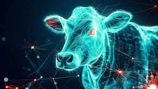 A digital rendering of a cow's head, formed by a network of glowing lines and dots on a dark blue background