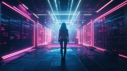 Woman in Neon Lit Corridor