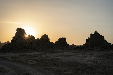 Sunrise around the Volcanic Chimneys of Lake Abbe aka Lac Abbe Bad, Djibouti, East Africa, Horn of...