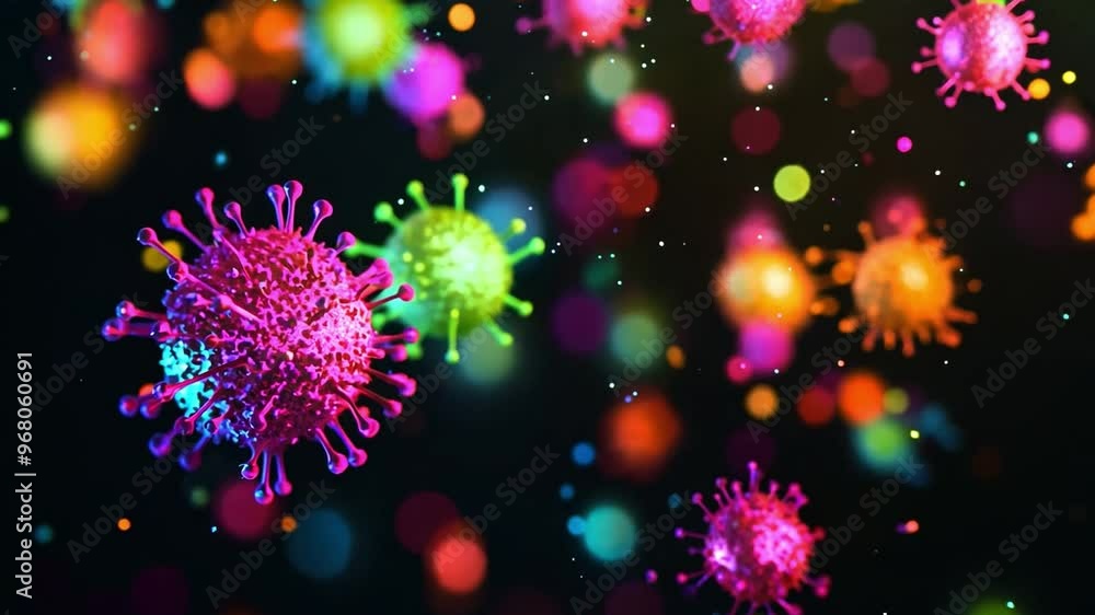 Poster vibrant various virus particles floating in air spreading diseases against a dark backdrop, emphasiz