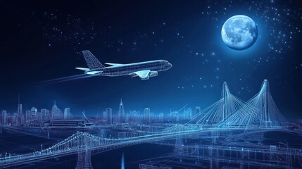 Airplane flying over a futuristic city at night