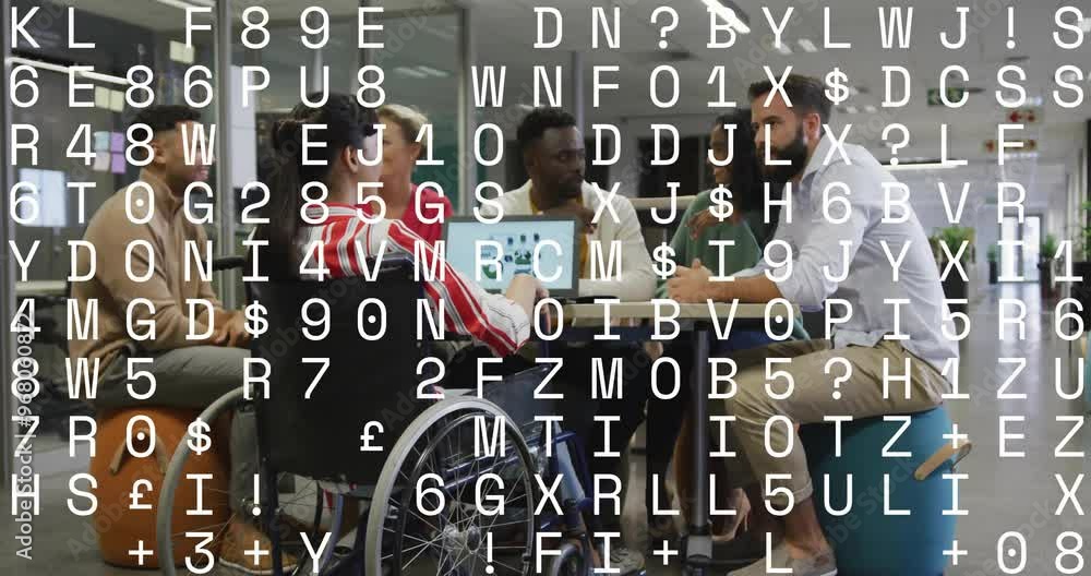 Poster animation of changing letters and numbers over disabled and diverse colleagues discussing work