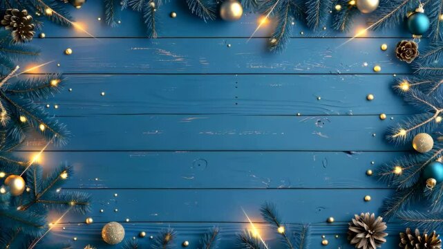 Frame of garland with festive lights on blue wooden table background. Christmas and New Year celebration. Holiday decorations. Top view, flat lay with copy space