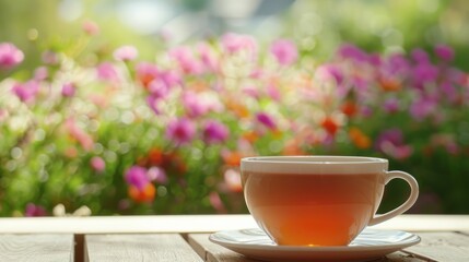 Tea Cup with Flower Garden Background