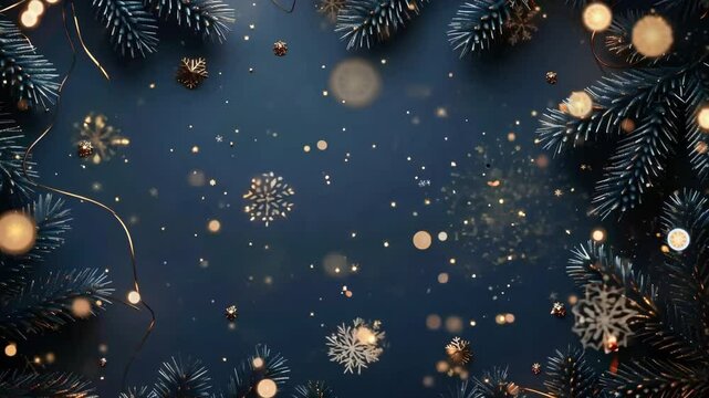 Frame of pine branches on dark blue background. Christmas and New Year celebration. Holiday decorations. Top view, flat lay with copy space - Powered by Adobe